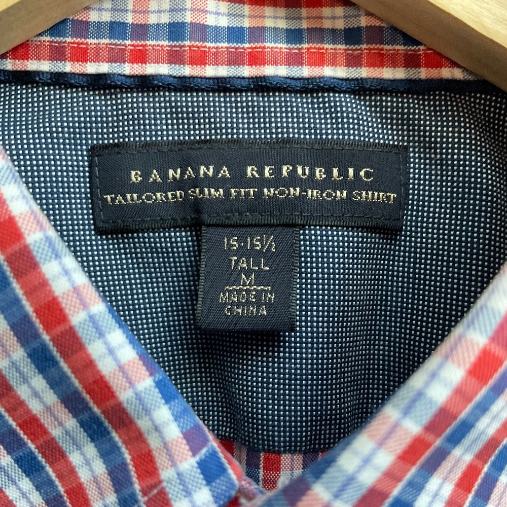 Banana Republic Tailored Slim Fit Non Iron Shirt Red Blue Check Button Down